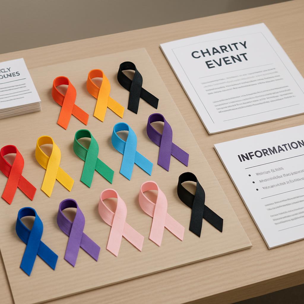 A collection of colorful ribbons arranged on a table, with a 'Charity Event' flyer and papers nearby. The ribbons feature ...