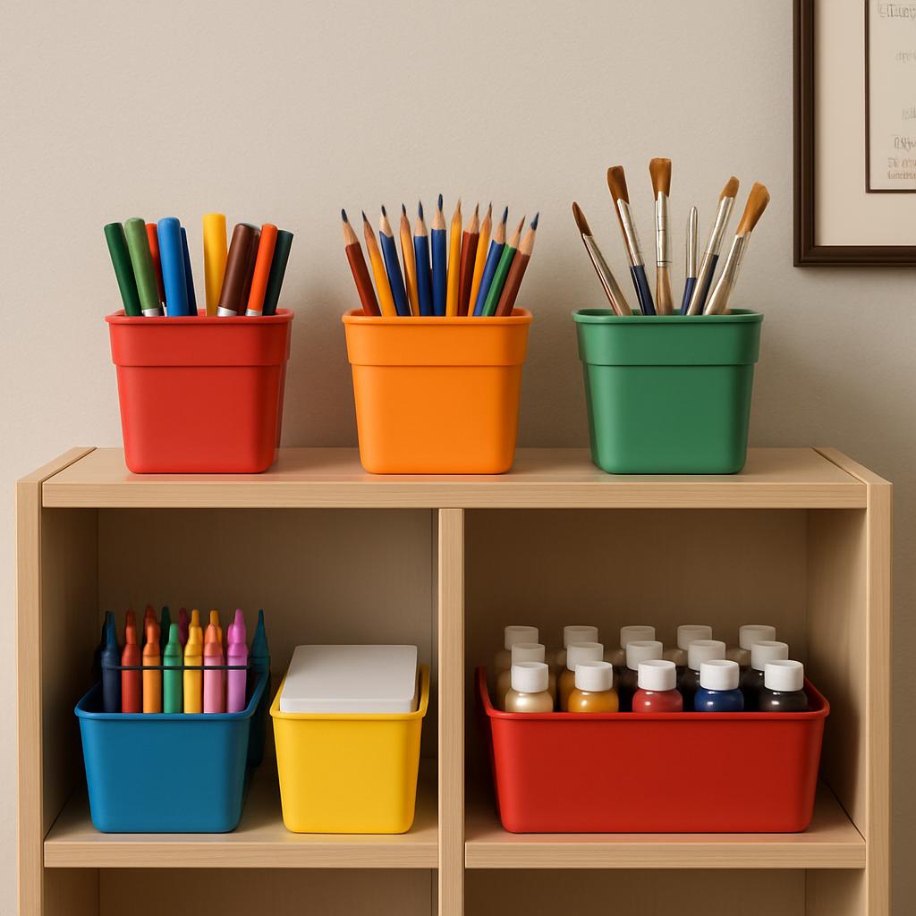 A collection of art supplies displayed on a shelving unit.