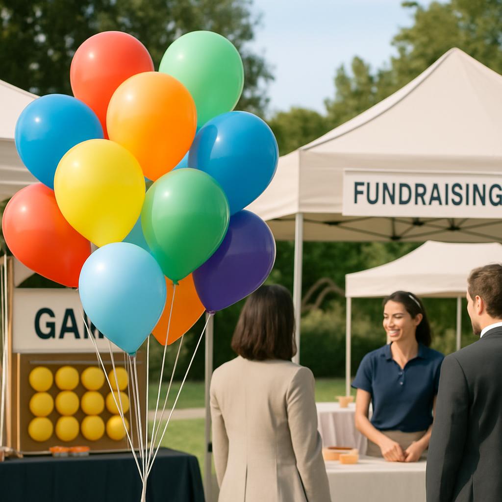 An outdoor fundraising event taking place at a park or similar venue, with a colorful balloon display.