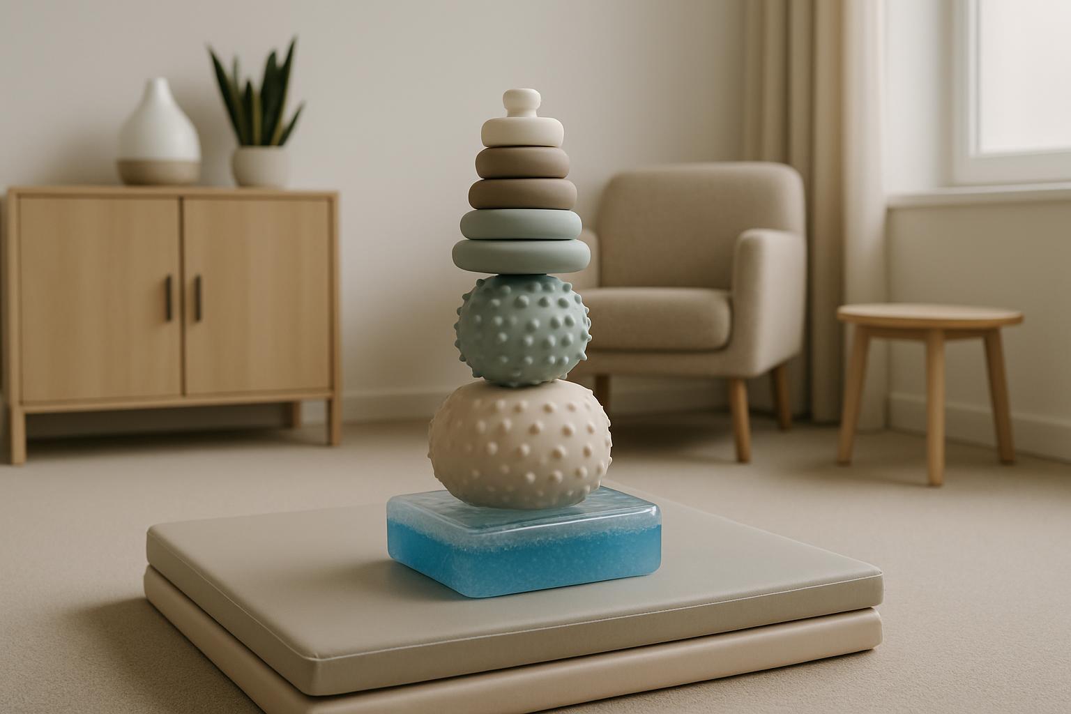 "Living room with an assortment of blue, white, brown, and tan stone decor stacked on top of an effect block sitting on a ...
