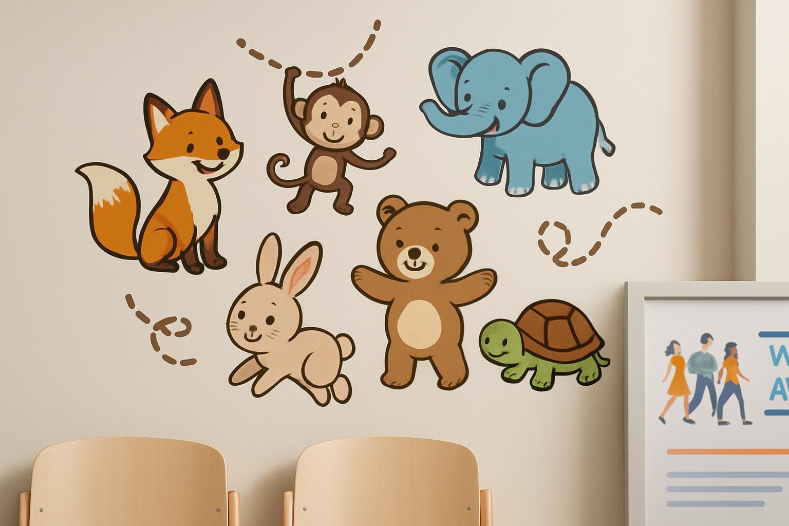 A photo depicting a white wall featuring colorful cartoon animals in a waiting room. The image includes multiple small car...