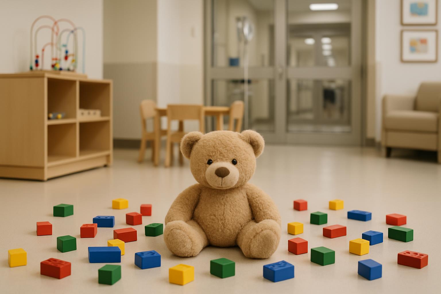 a large, light-brown teddy bear sitting in the middle of a room surrounded by multicolored lego.