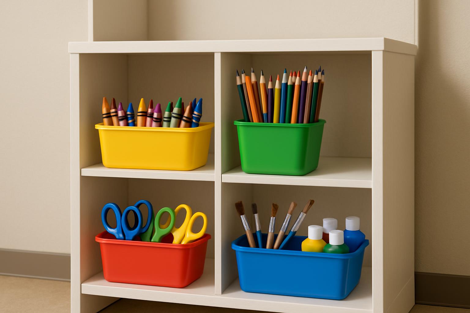 A white shelving unit with six compartments, each containing different art supplies. The top row features a yellow bin fil...