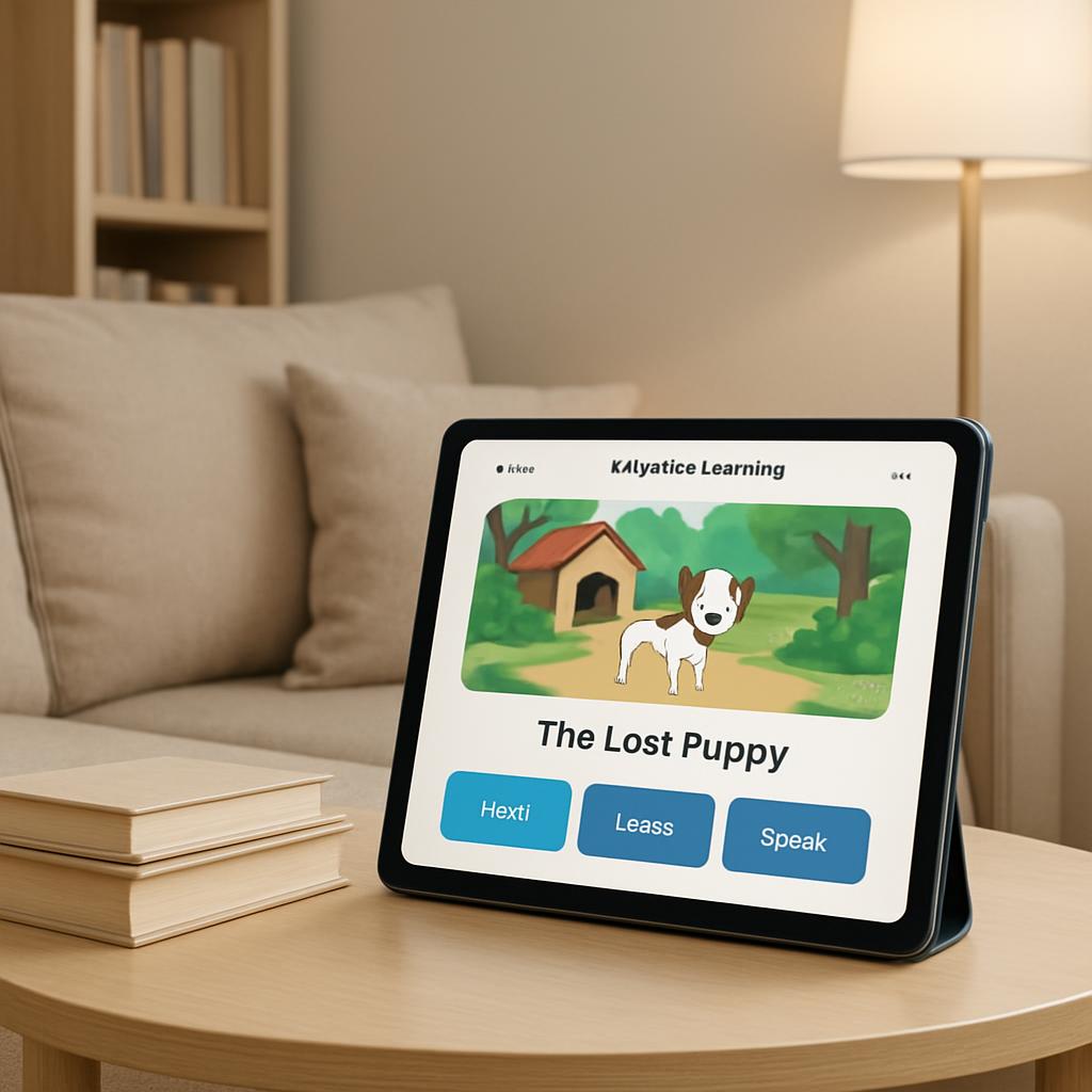 The words "Kalyatice Learning App, a digital aid with a storybook plot where a dog is getting lost" are displayed in bold ...